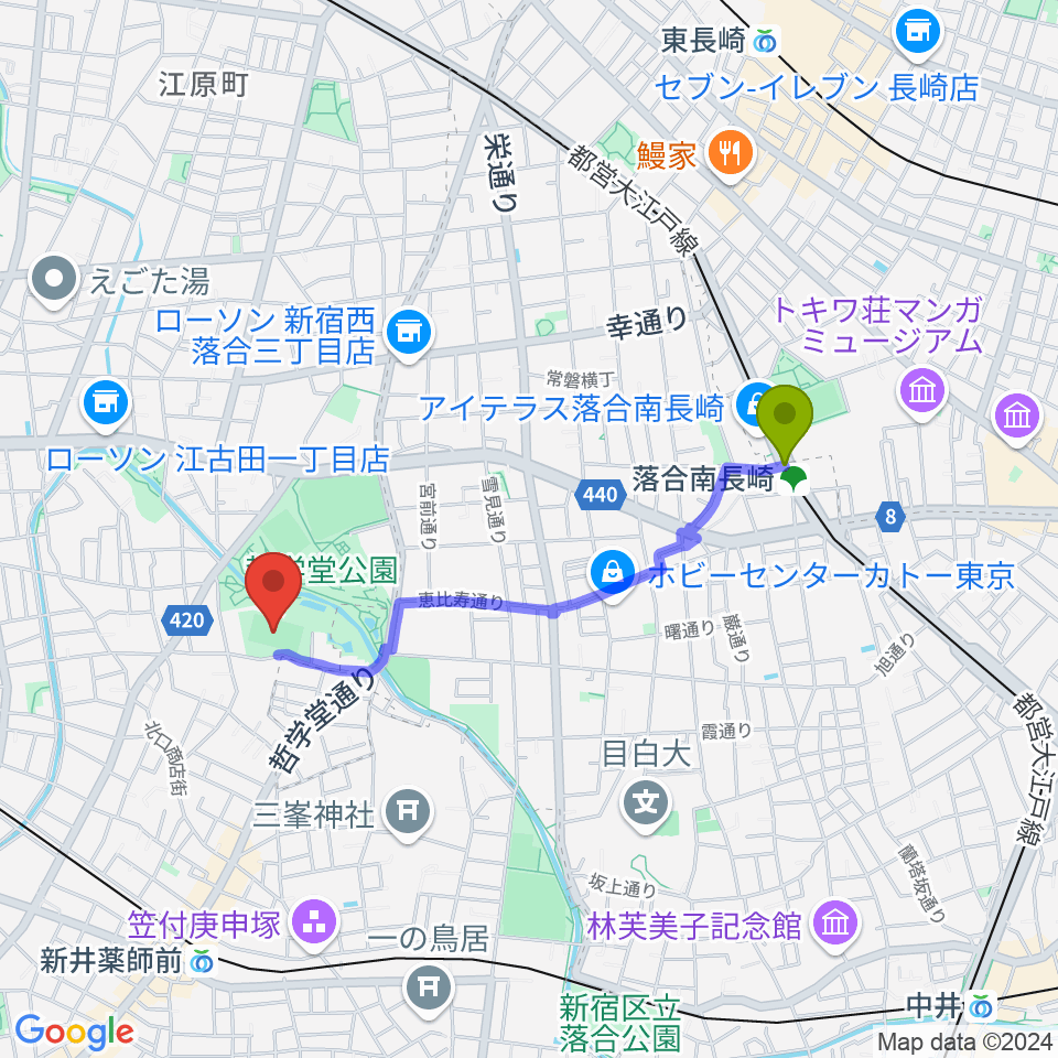 落合南長崎駅から妙正寺川公園運動広場へのルートマップ地図