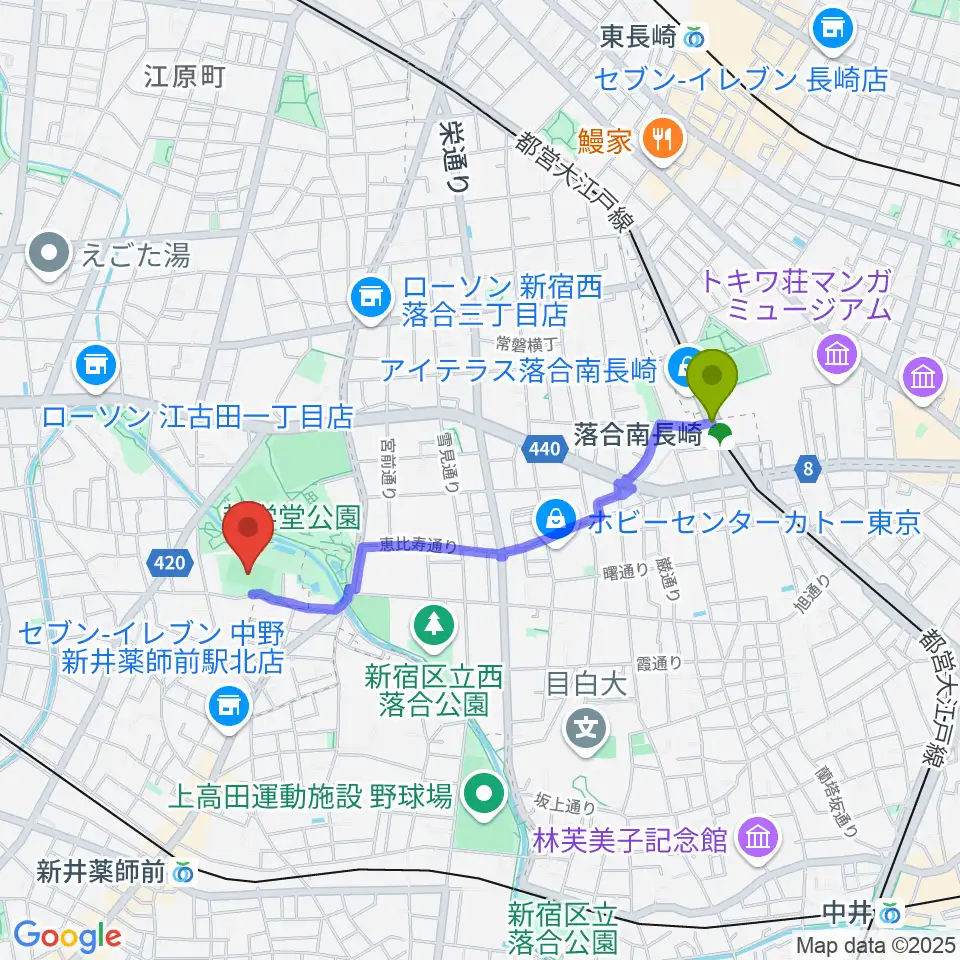 落合南長崎駅から妙正寺川公園運動広場へのルートマップ地図