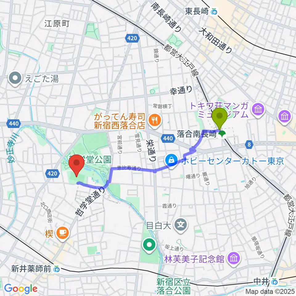 落合南長崎駅から妙正寺川公園運動広場へのルートマップ地図