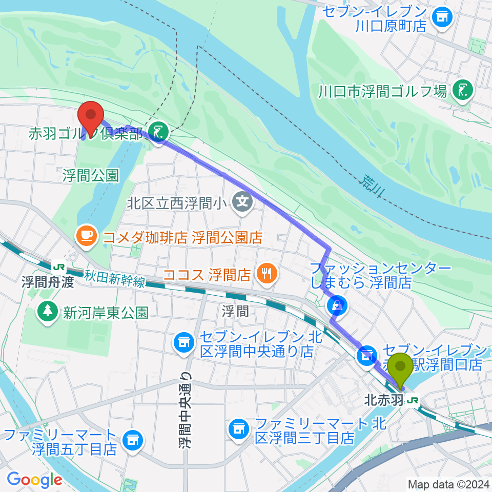 北赤羽駅から浮間公園野球場へのルートマップ地図