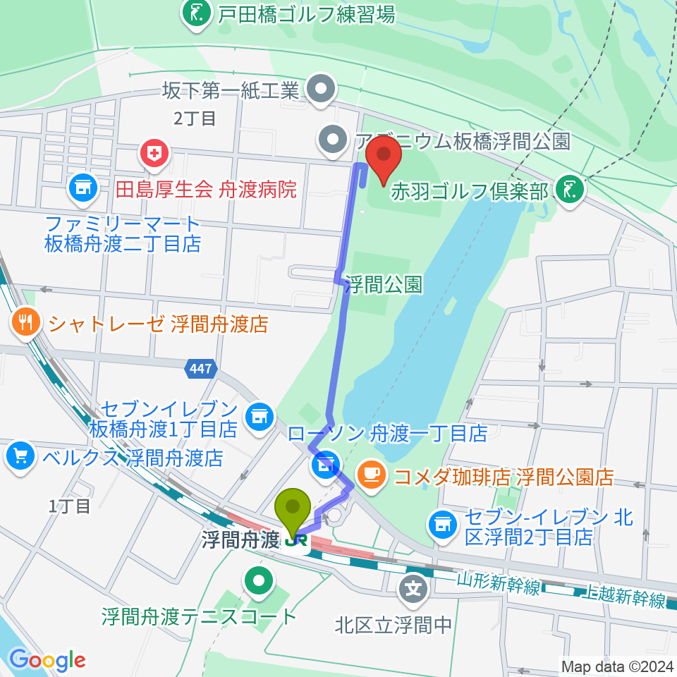 浮間公園野球場の最寄駅浮間舟渡駅からの徒歩ルート（約8分）地図