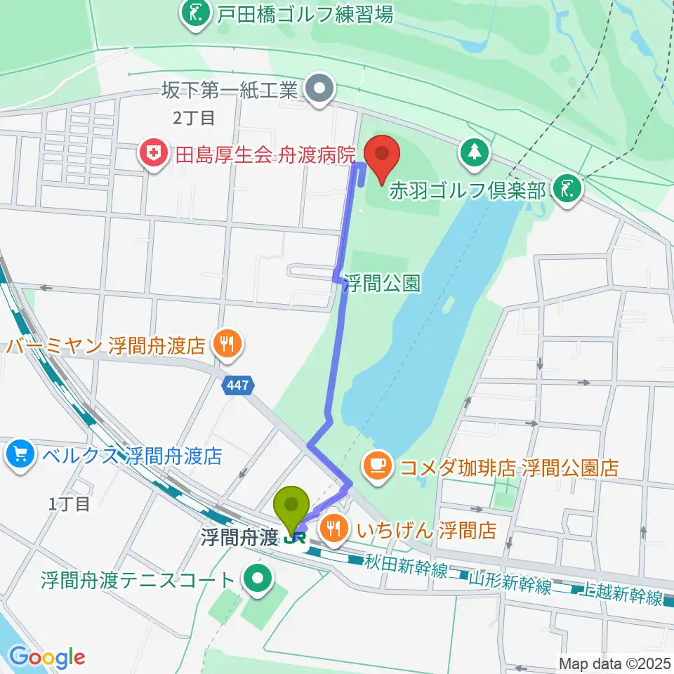 浮間公園野球場の最寄駅浮間舟渡駅からの徒歩ルート（約8分）地図