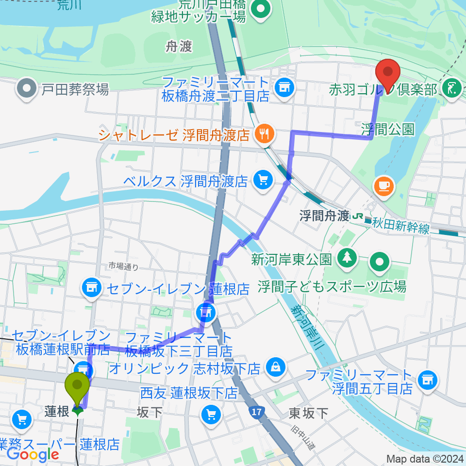 蓮根駅から浮間公園野球場へのルートマップ地図