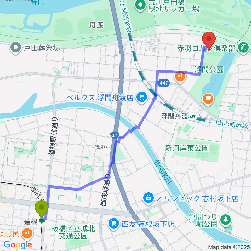 蓮根駅から浮間公園野球場へのルートマップ地図