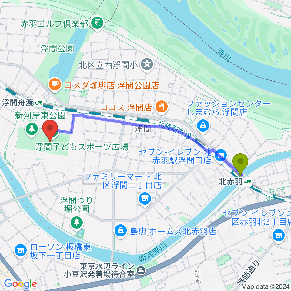 北赤羽駅から浮間子どもスポーツ広場野球場へのルートマップ地図