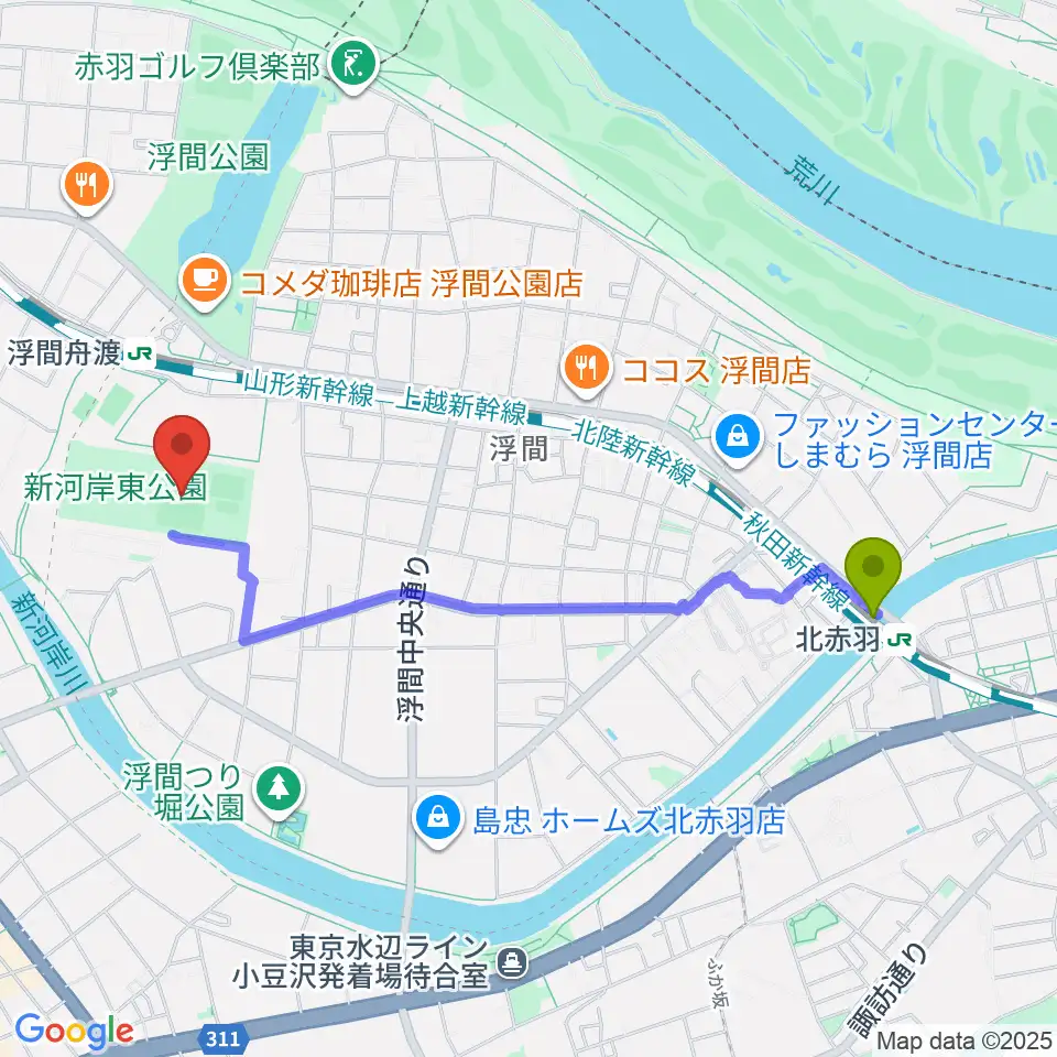 北赤羽駅から浮間子どもスポーツ広場野球場へのルートマップ地図