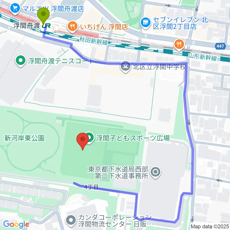 浮間子どもスポーツ広場野球場の最寄駅浮間舟渡駅からの徒歩ルート（約4分）地図