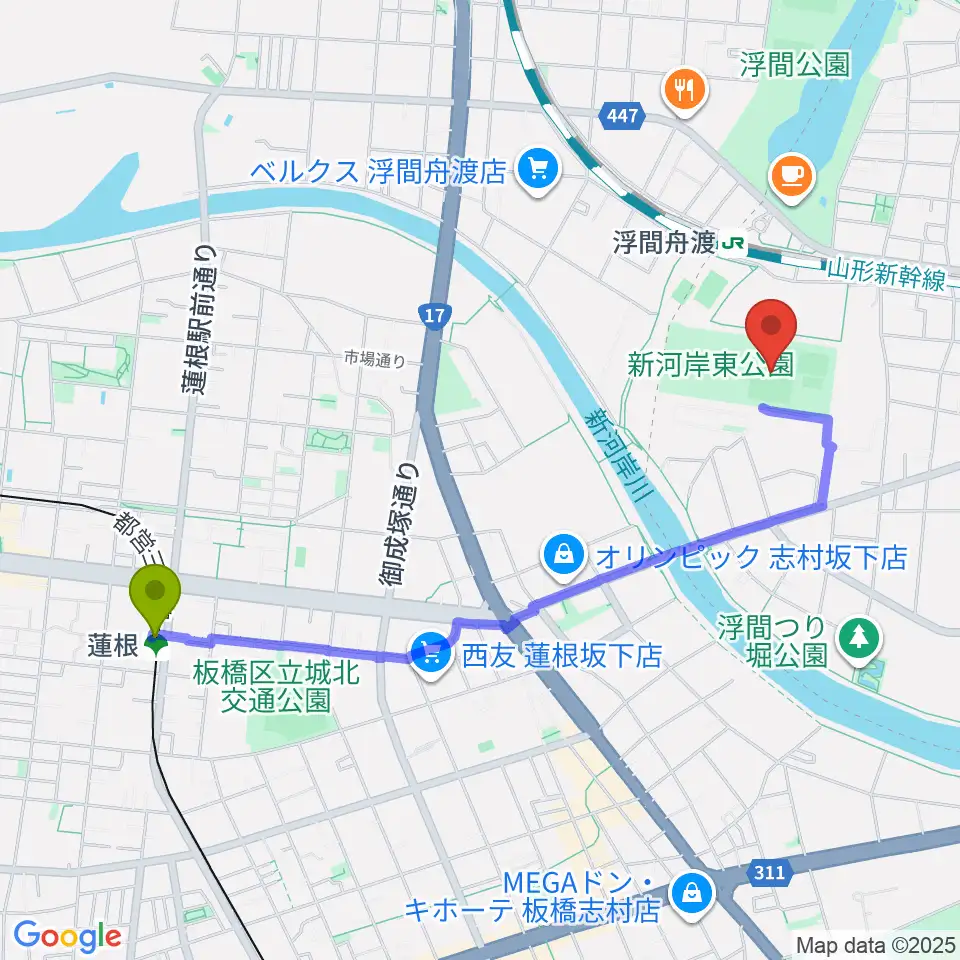 蓮根駅から浮間子どもスポーツ広場野球場へのルートマップ地図