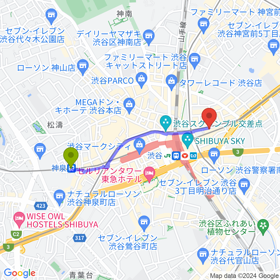 神泉駅から浮間子どもスポーツ広場サッカー場へのルートマップ地図