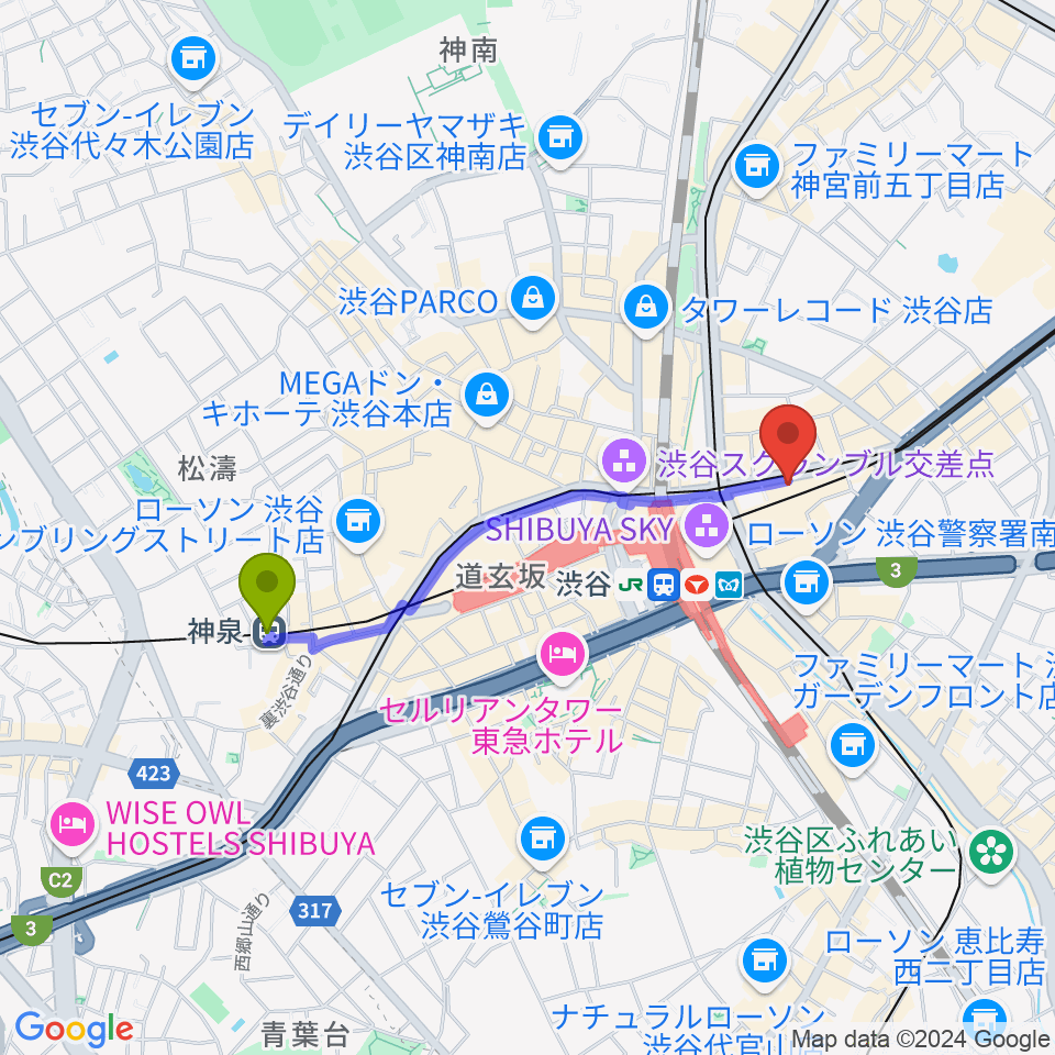 神泉駅から浮間子どもスポーツ広場サッカー場へのルートマップ地図