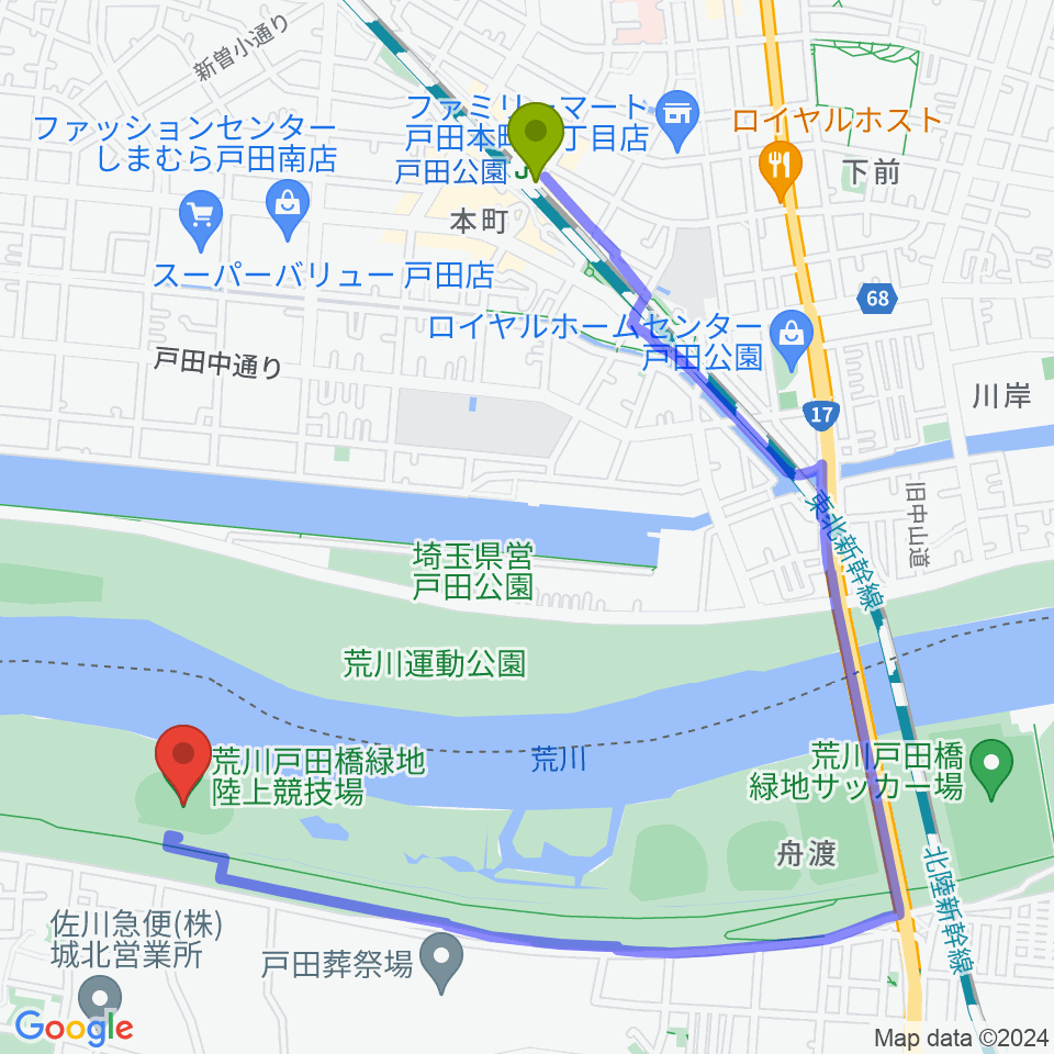 戸田公園駅から荒川戸田橋陸上競技場へのルートマップ地図