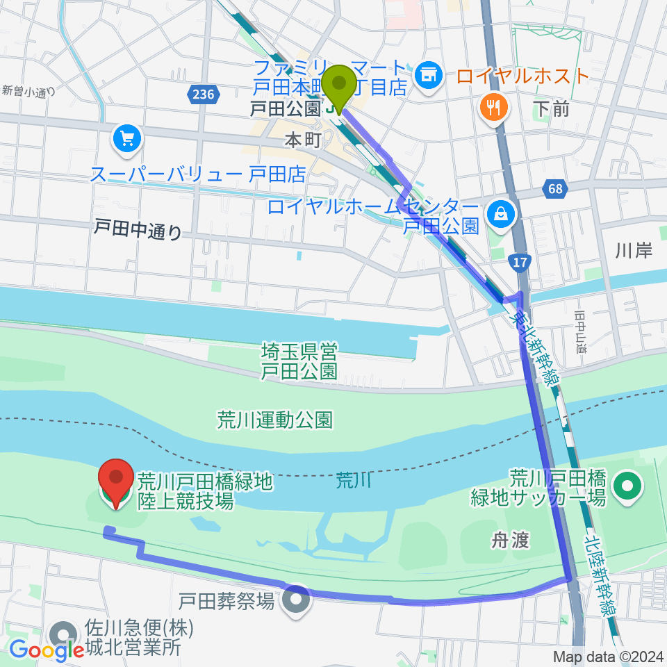 戸田公園駅から荒川戸田橋陸上競技場へのルートマップ地図