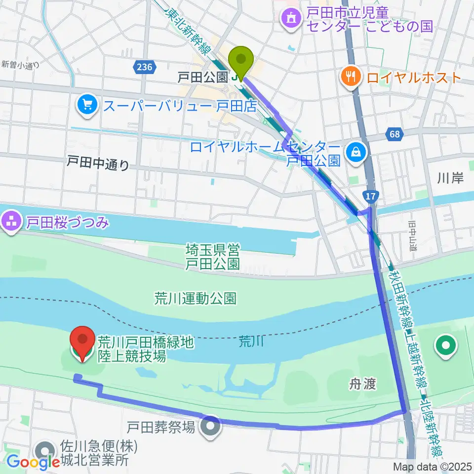 戸田公園駅から荒川戸田橋陸上競技場へのルートマップ地図