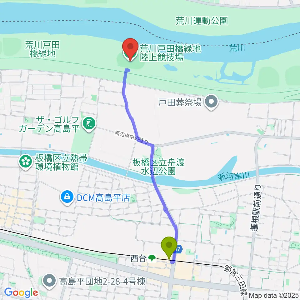 荒川戸田橋陸上競技場の最寄駅西台駅からの徒歩ルート（約21分）地図