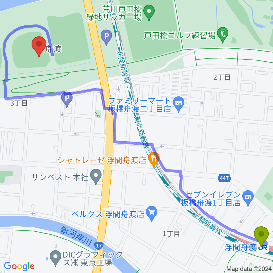 荒川戸田橋野球場の最寄駅浮間舟渡駅からの徒歩ルート（約17分）地図