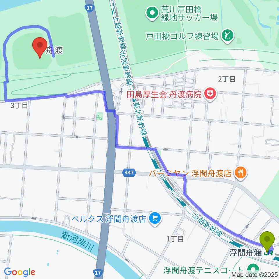 荒川戸田橋野球場の最寄駅浮間舟渡駅からの徒歩ルート（約17分）地図