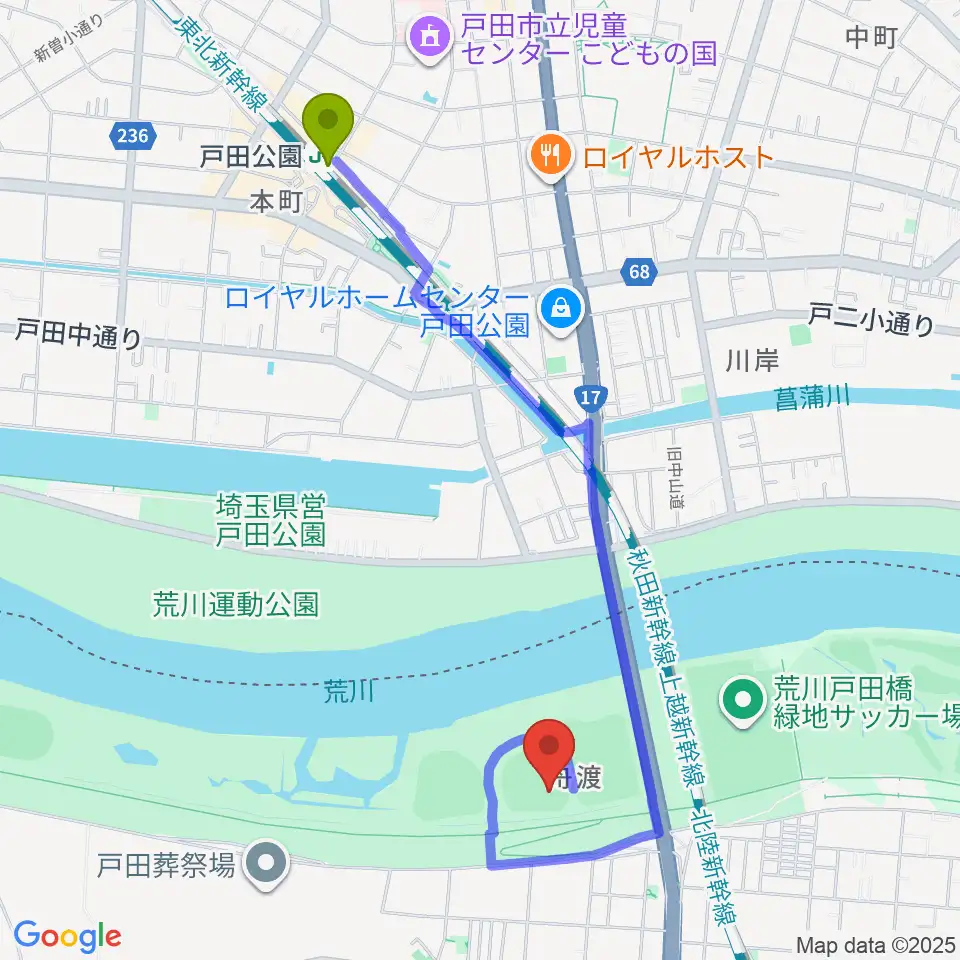 戸田公園駅から荒川戸田橋野球場へのルートマップ地図