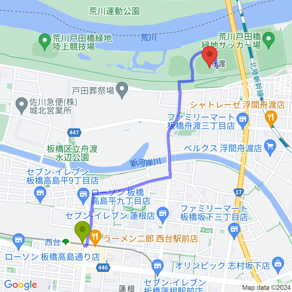 西台駅から荒川戸田橋野球場へのルートマップ地図