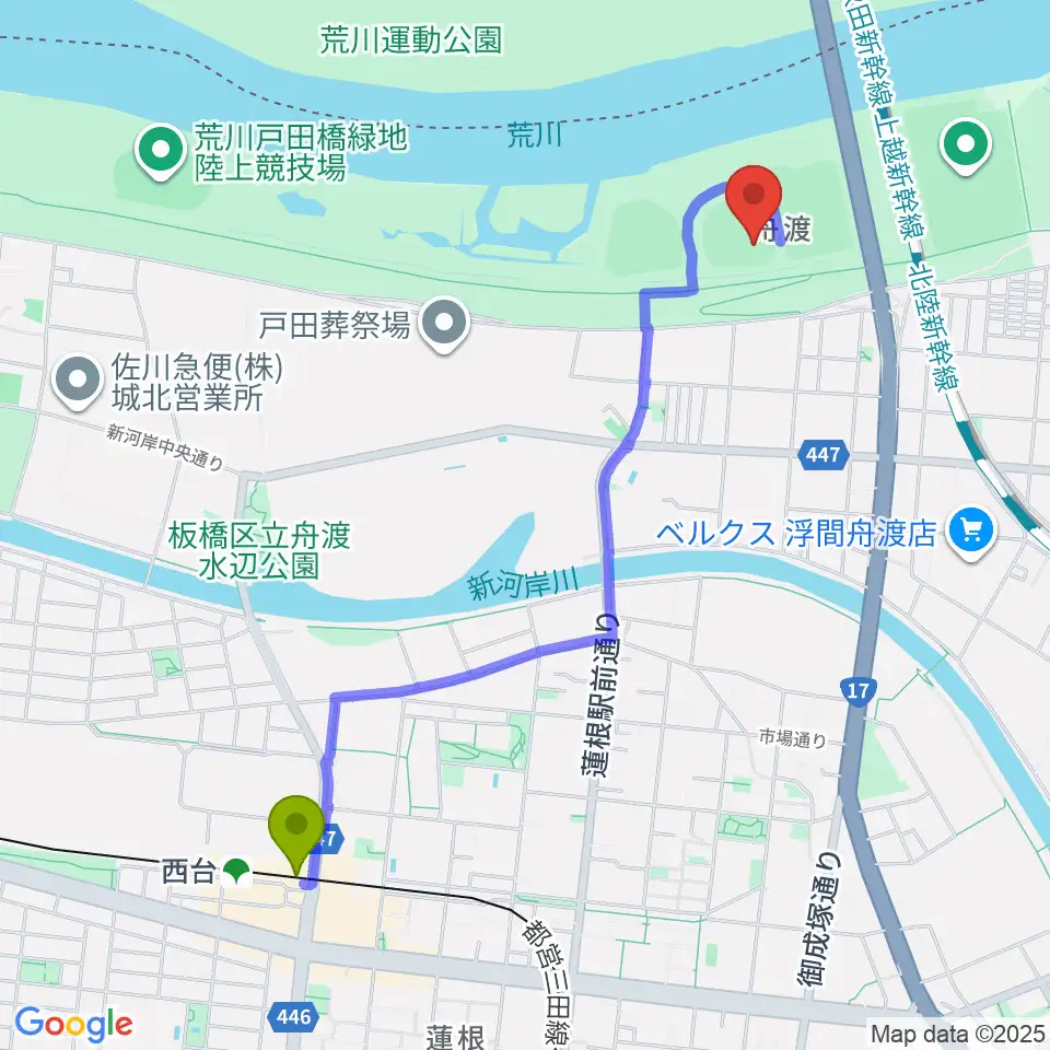 西台駅から荒川戸田橋野球場へのルートマップ地図
