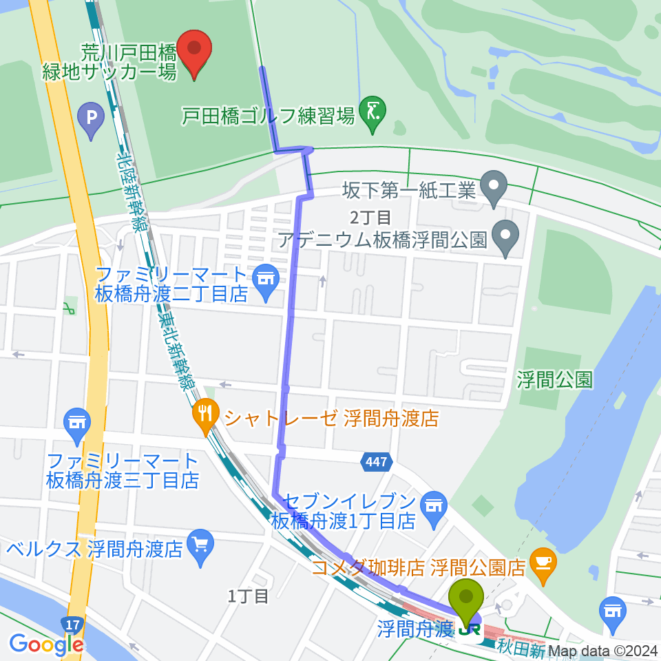 荒川戸田橋サッカー場の最寄駅浮間舟渡駅からの徒歩ルート（約14分）地図