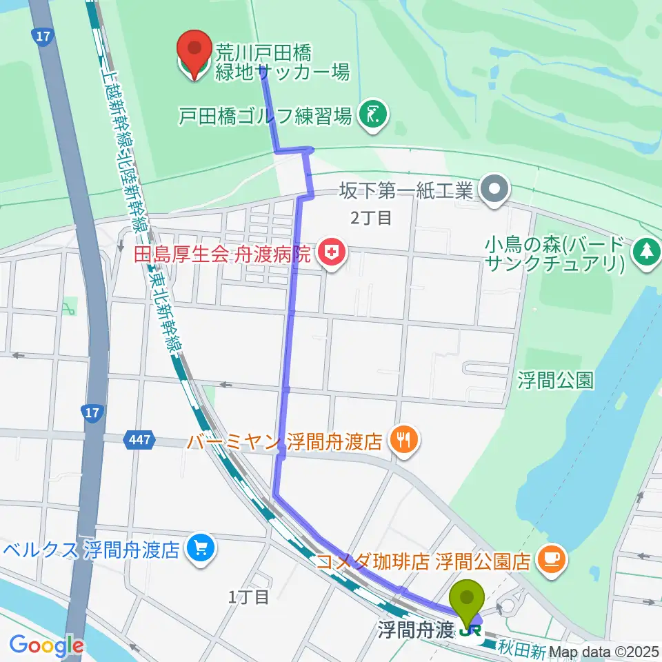 荒川戸田橋サッカー場の最寄駅浮間舟渡駅からの徒歩ルート（約14分）地図