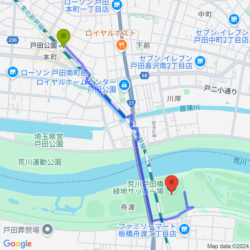 戸田公園駅から荒川戸田橋サッカー場へのルートマップ地図