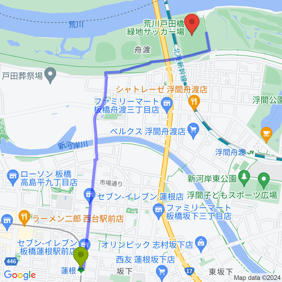 蓮根駅から荒川戸田橋サッカー場へのルートマップ地図