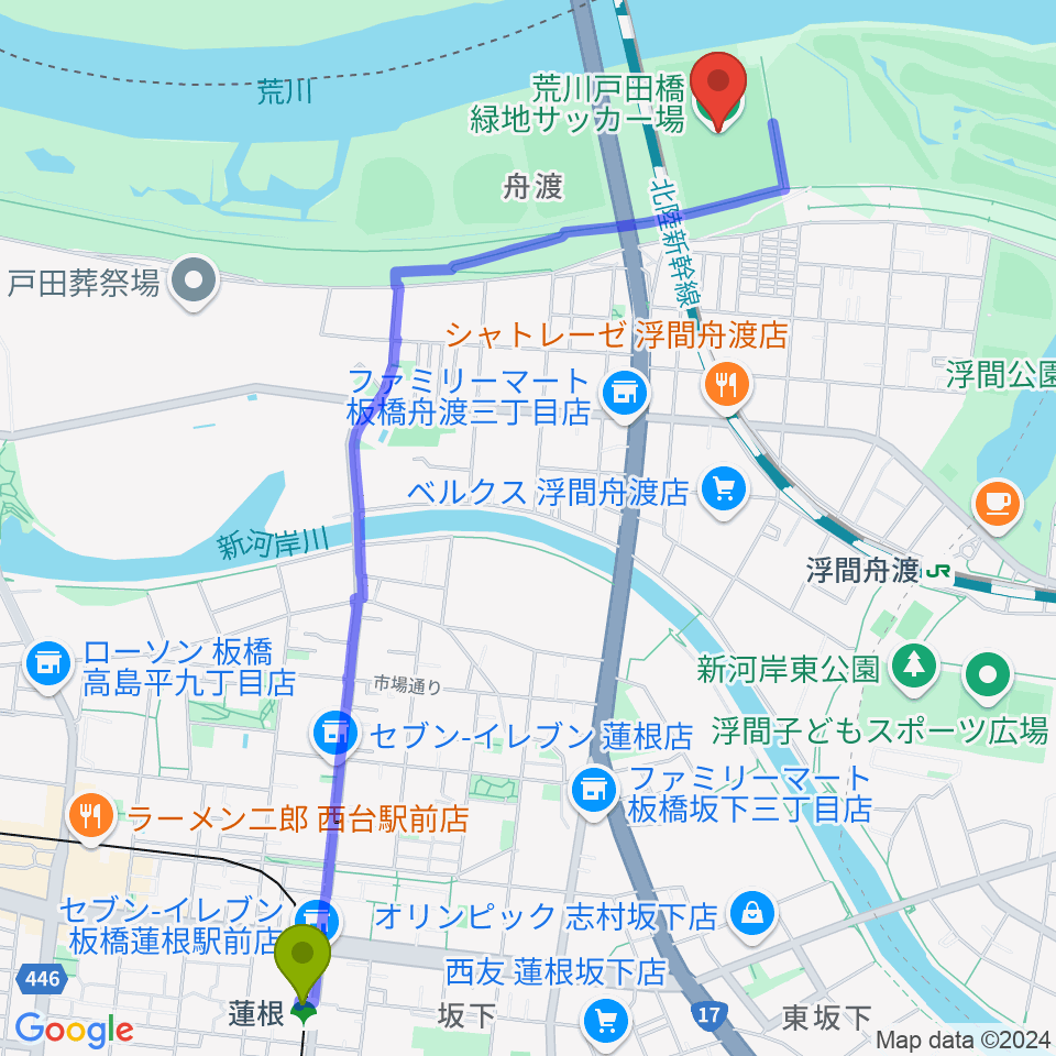 蓮根駅から荒川戸田橋サッカー場へのルートマップ地図