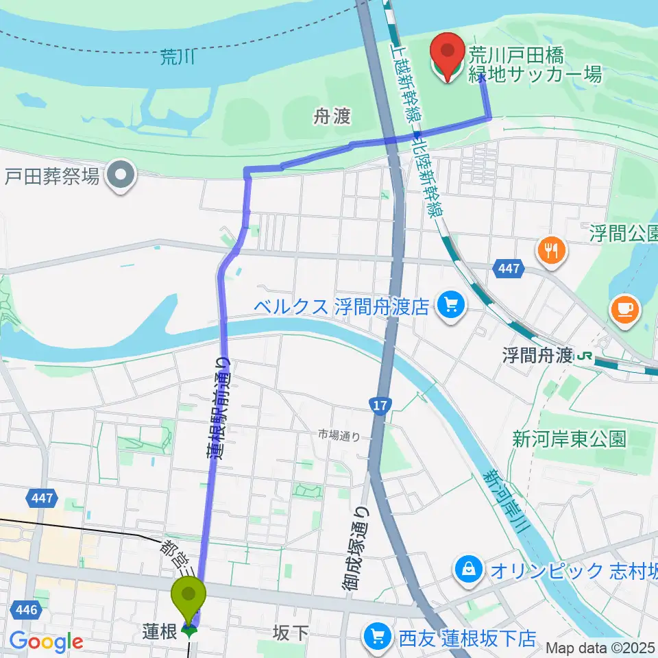 蓮根駅から荒川戸田橋サッカー場へのルートマップ地図