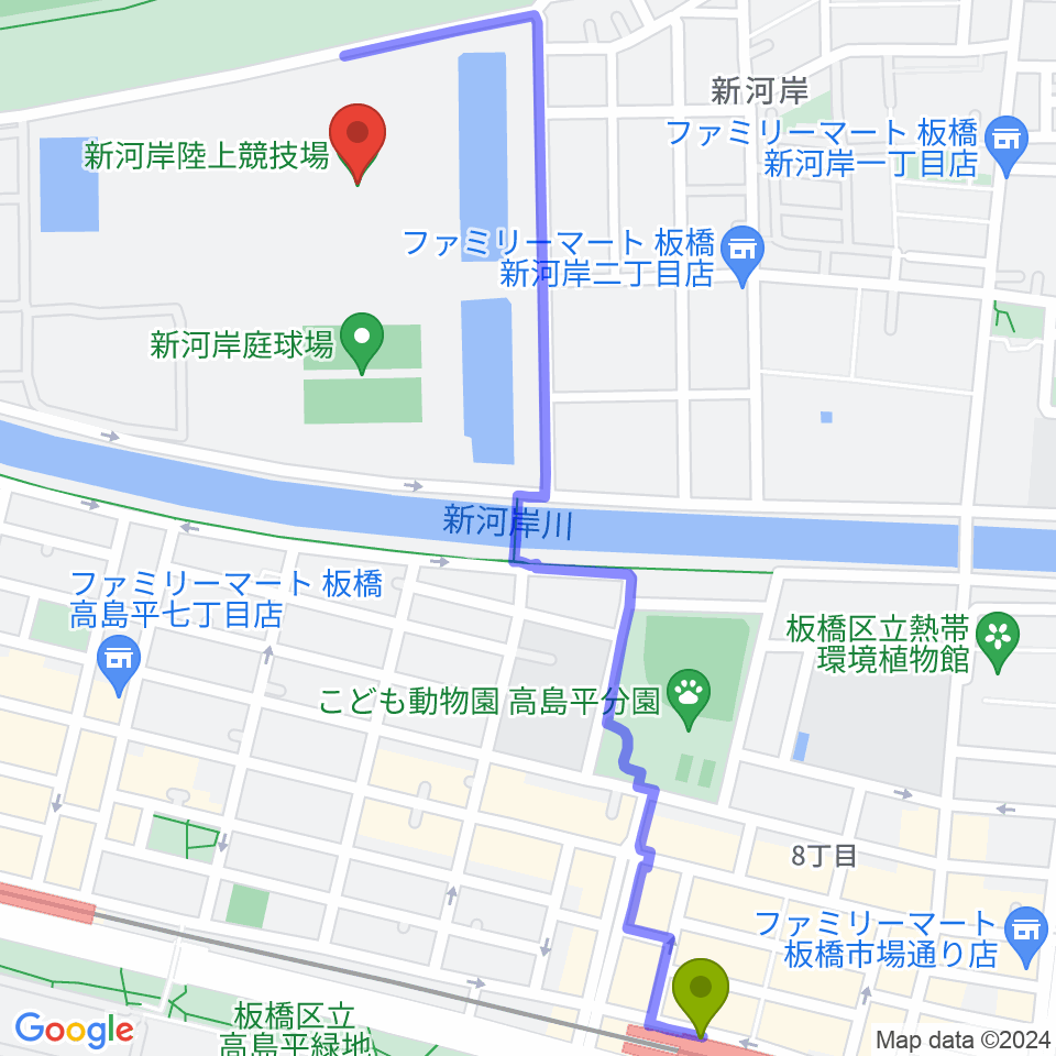 高島平駅から新河岸陸上競技場へのルートマップ地図