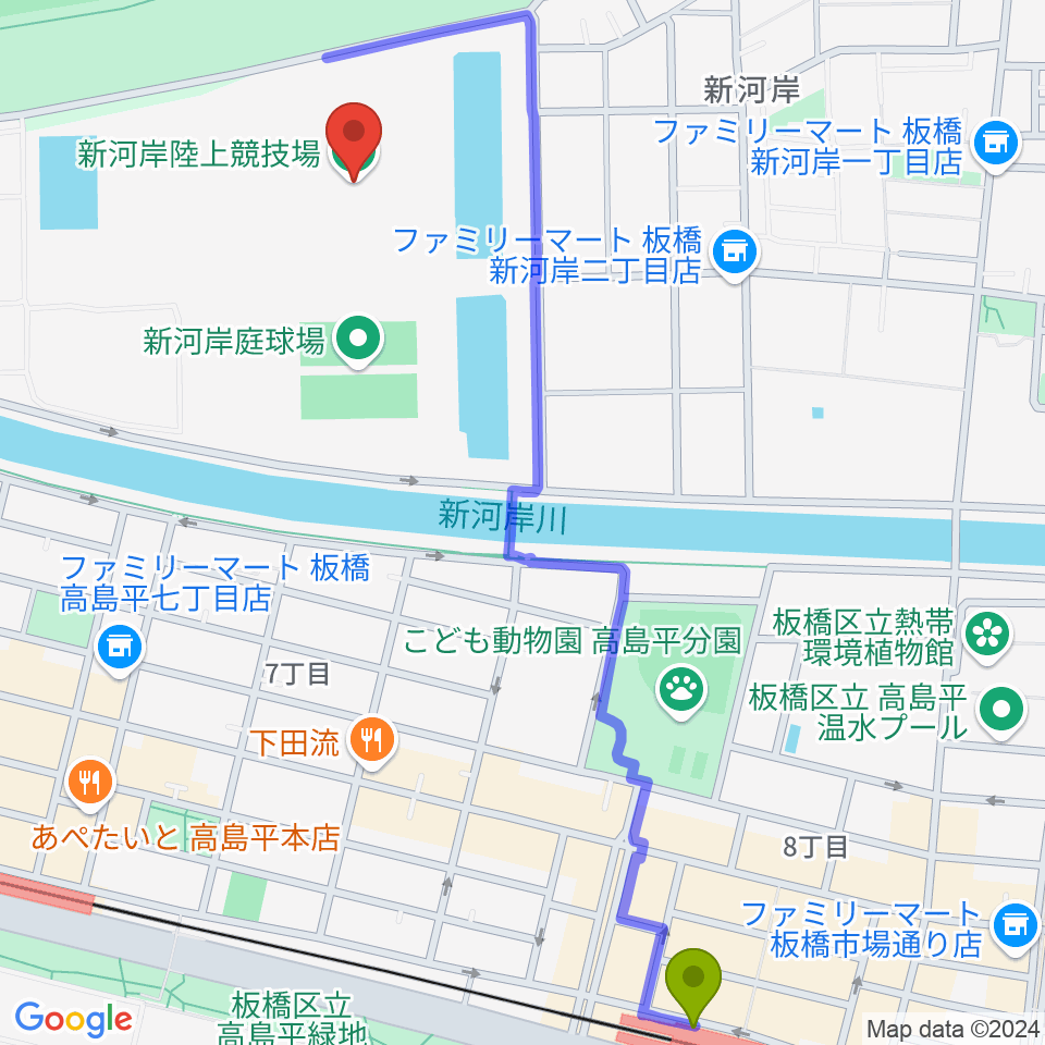 高島平駅から新河岸陸上競技場へのルートマップ地図