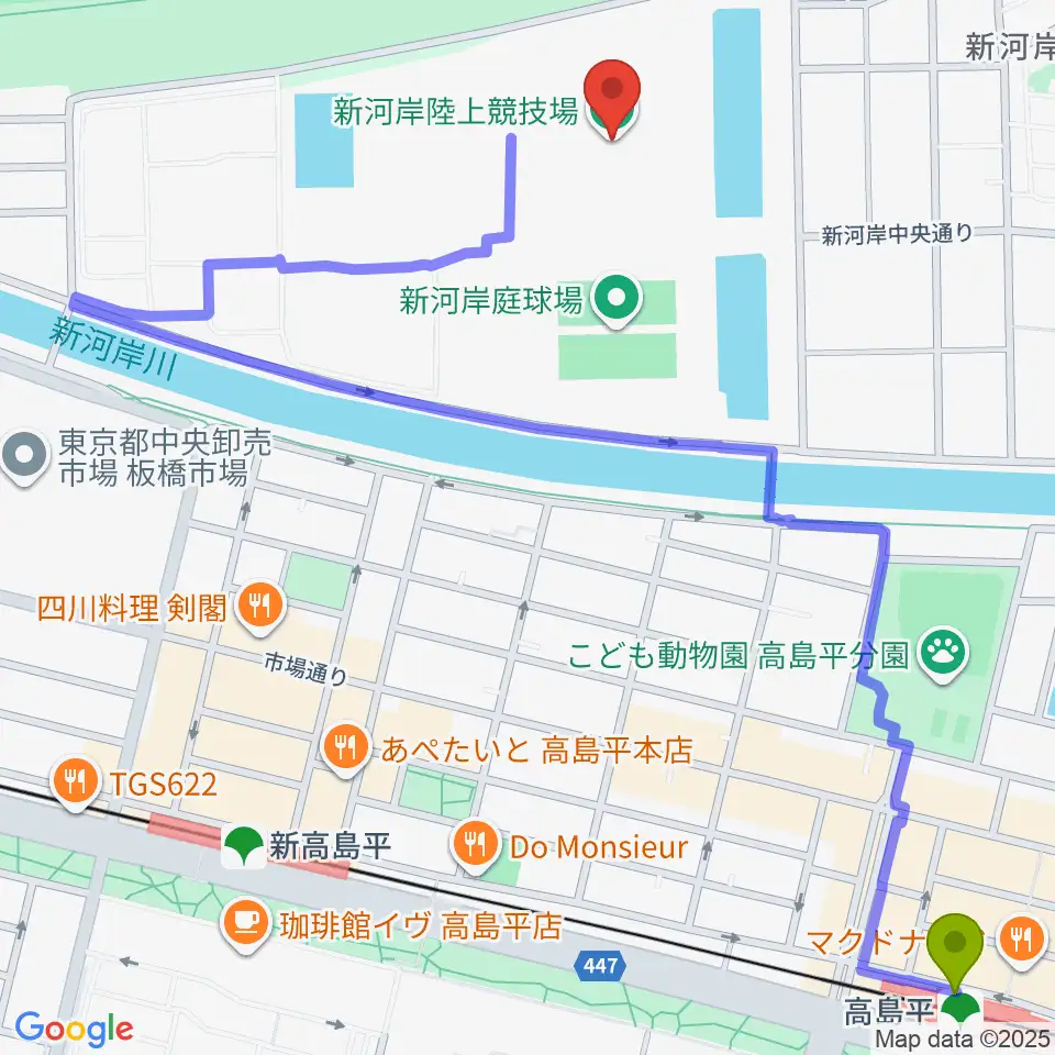 高島平駅から新河岸陸上競技場へのルートマップ地図