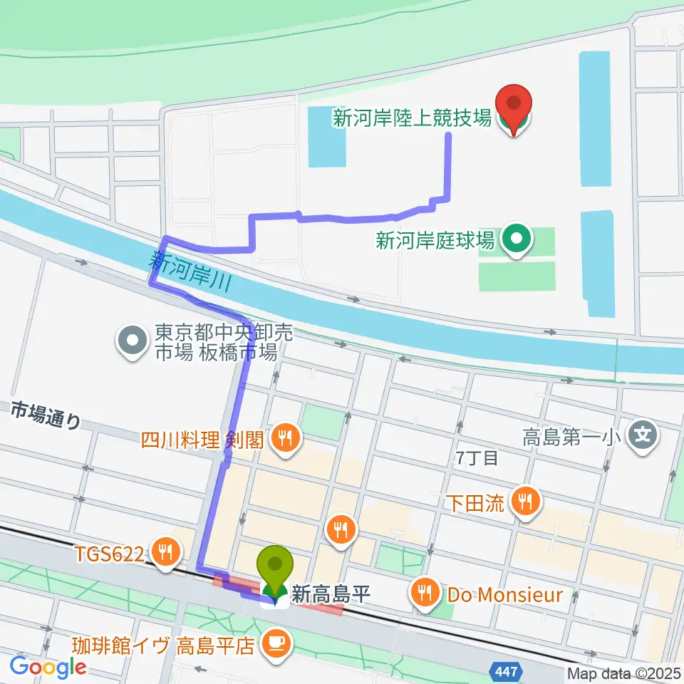 新河岸陸上競技場の最寄駅新高島平駅からの徒歩ルート（約12分）地図