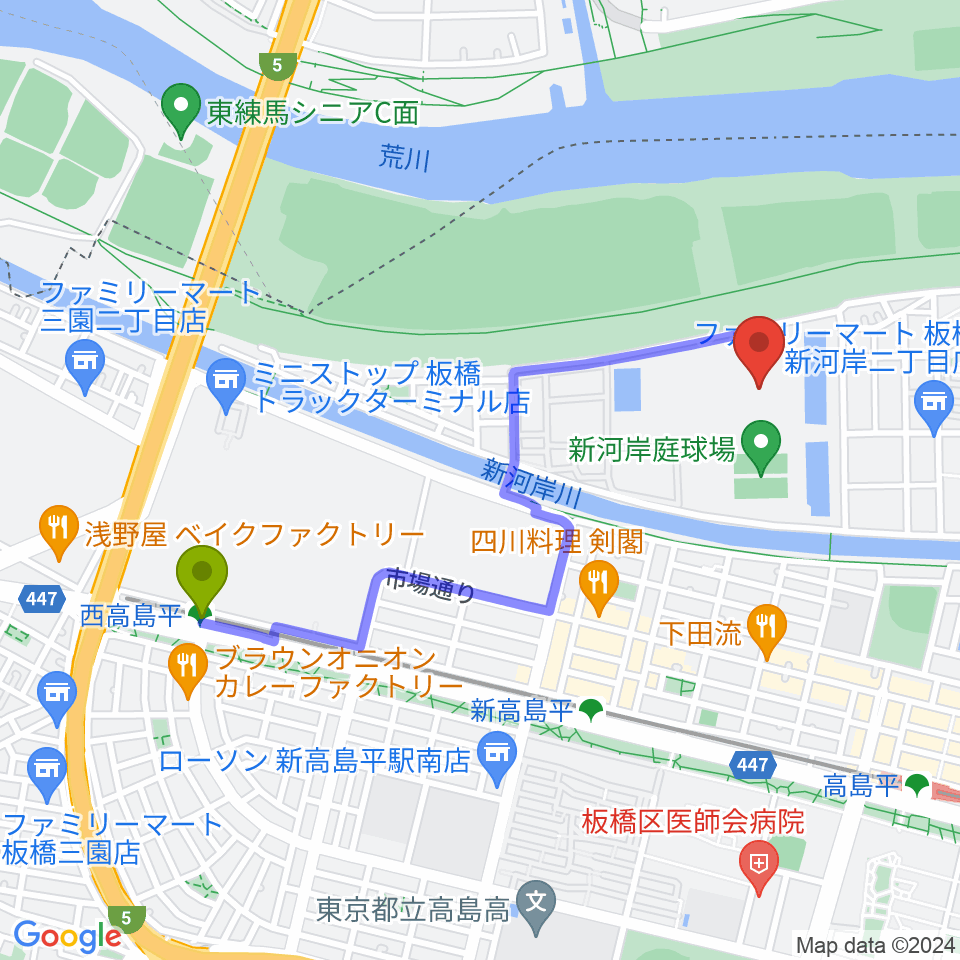 西高島平駅から新河岸陸上競技場へのルートマップ地図