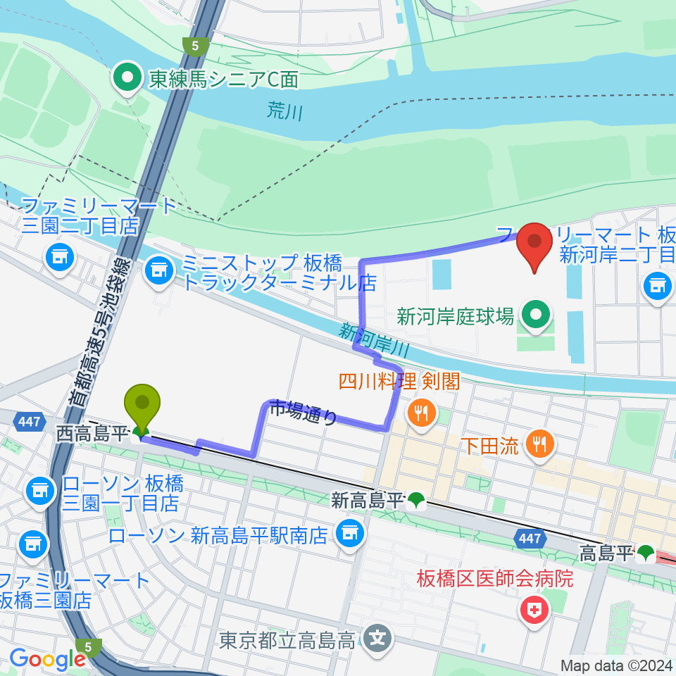 西高島平駅から新河岸陸上競技場へのルートマップ地図