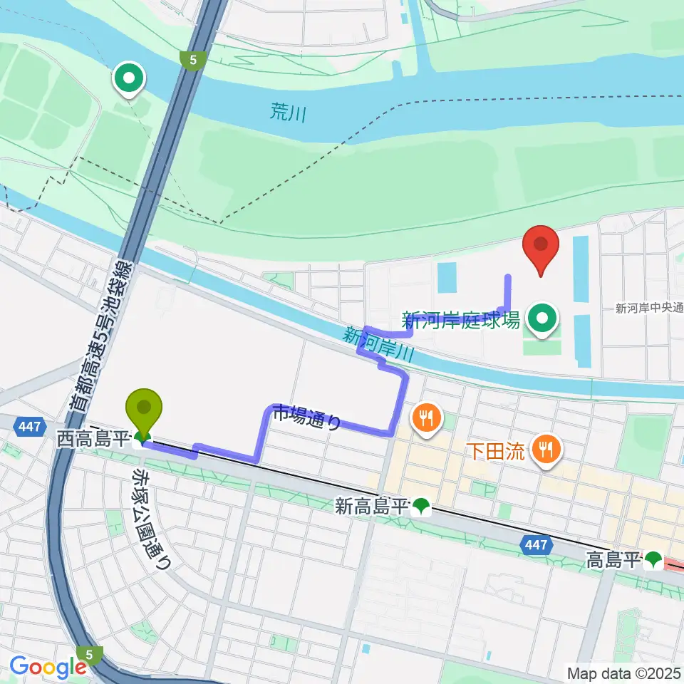 西高島平駅から新河岸陸上競技場へのルートマップ地図