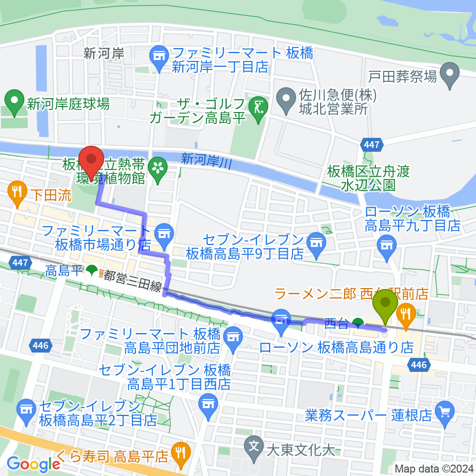 西台駅から徳丸ヶ原野球場へのルートマップ地図