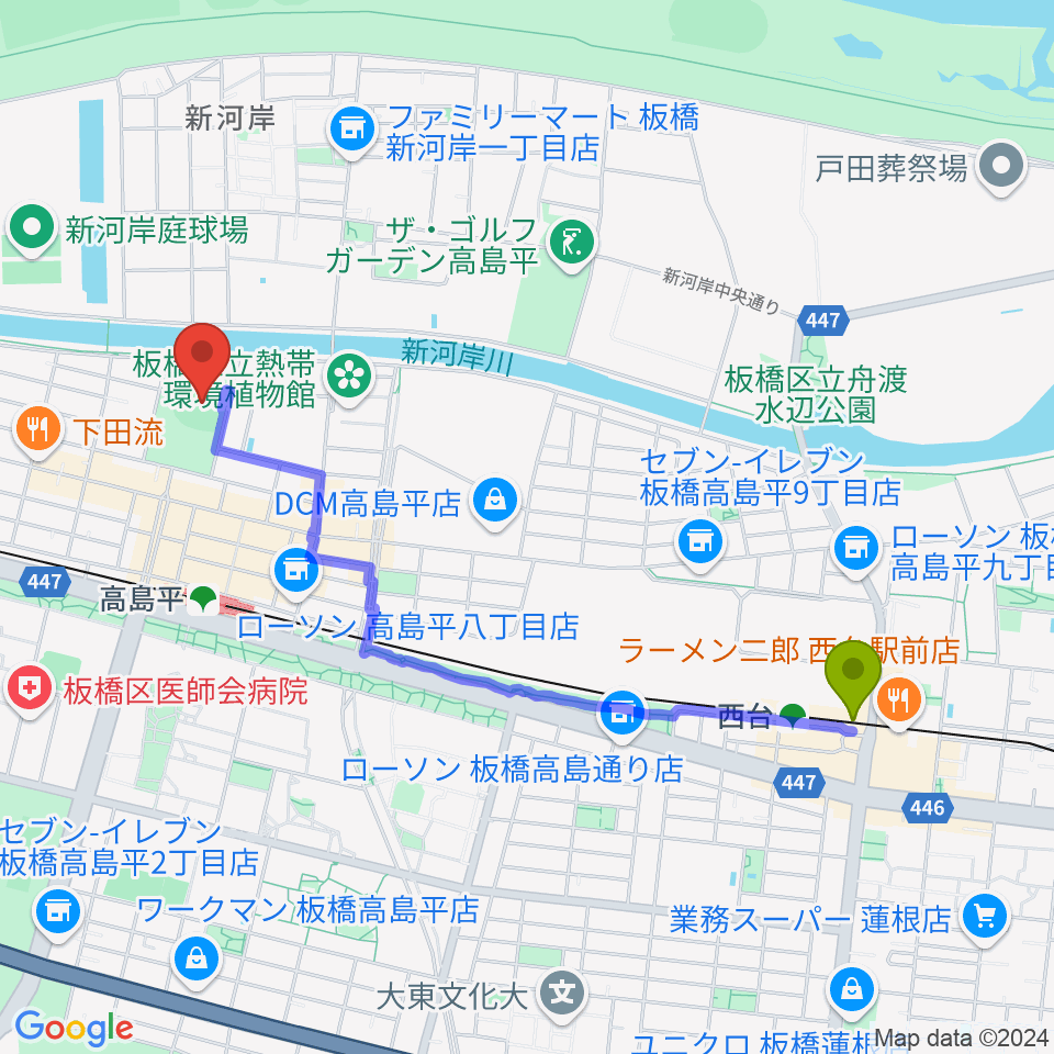 西台駅から徳丸ヶ原野球場へのルートマップ地図