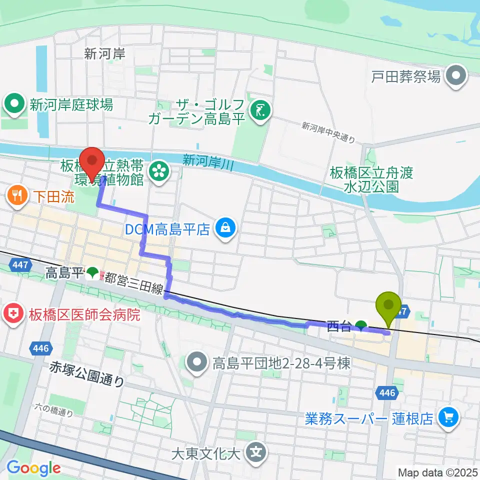 西台駅から徳丸ヶ原野球場へのルートマップ地図