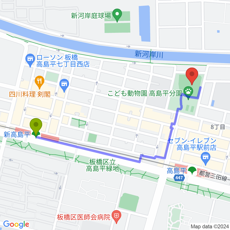 新高島平駅から徳丸ヶ原野球場へのルートマップ地図