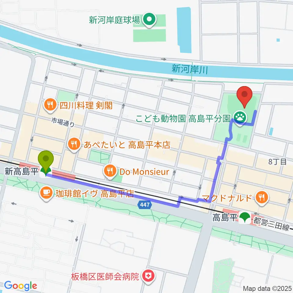 新高島平駅から徳丸ヶ原野球場へのルートマップ地図