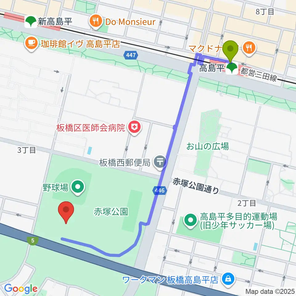 高島平駅から赤塚公園競技場へのルートマップ地図