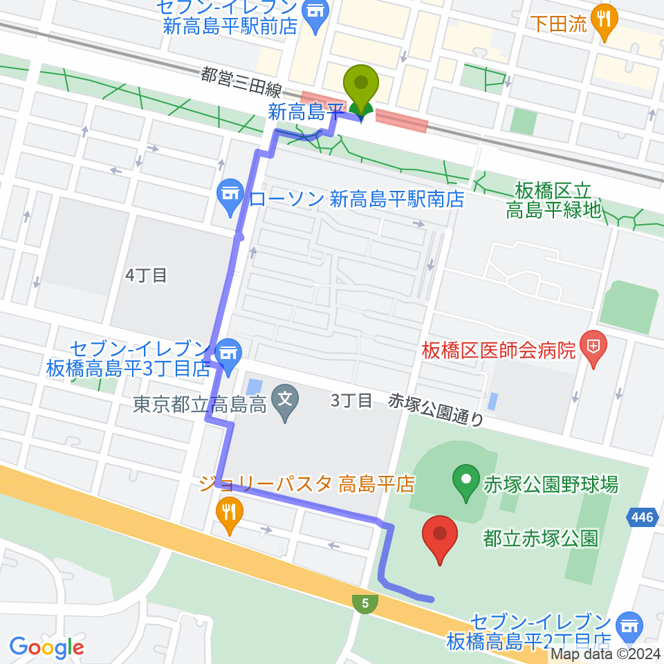 赤塚公園競技場の最寄駅新高島平駅からの徒歩ルート（約11分）地図