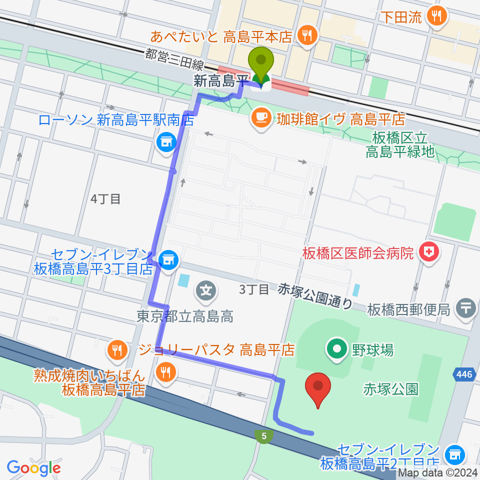 赤塚公園競技場の最寄駅新高島平駅からの徒歩ルート（約11分）地図