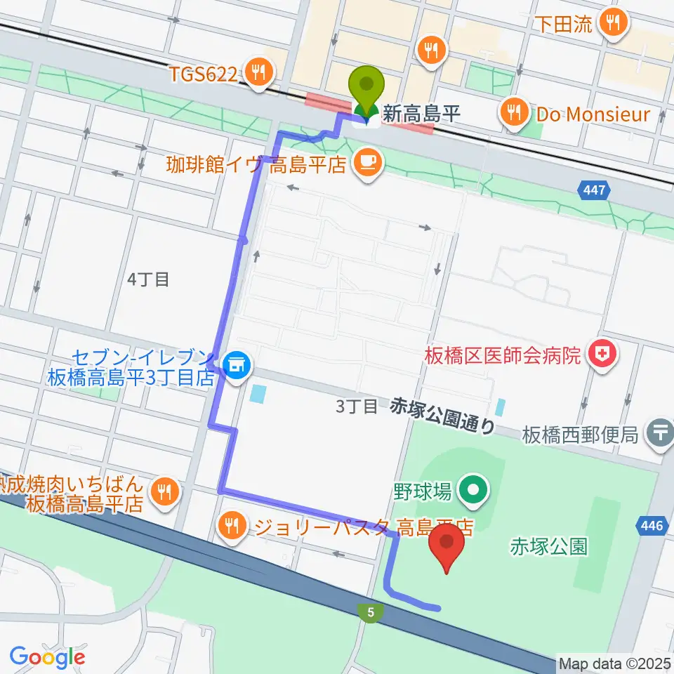 赤塚公園競技場の最寄駅新高島平駅からの徒歩ルート（約11分）地図