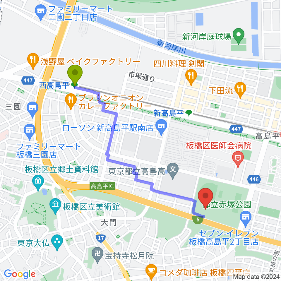 西高島平駅から赤塚公園競技場へのルートマップ地図