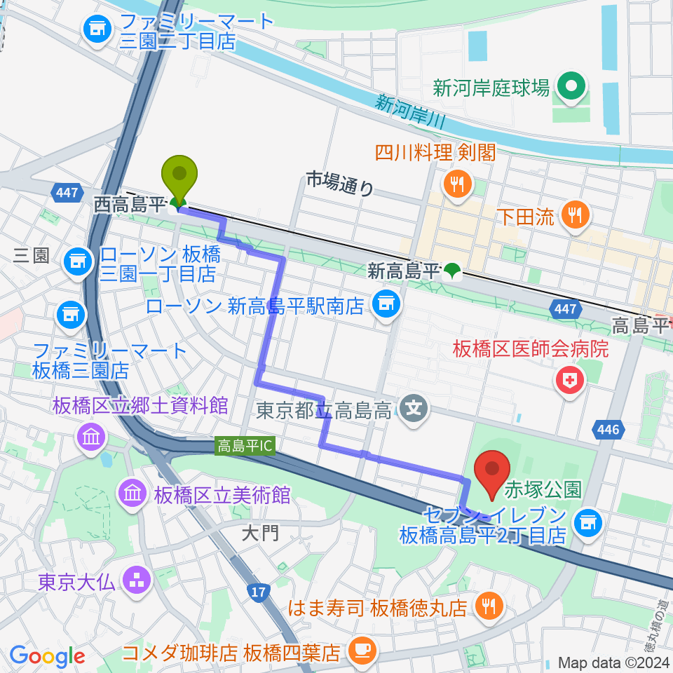 西高島平駅から赤塚公園競技場へのルートマップ地図