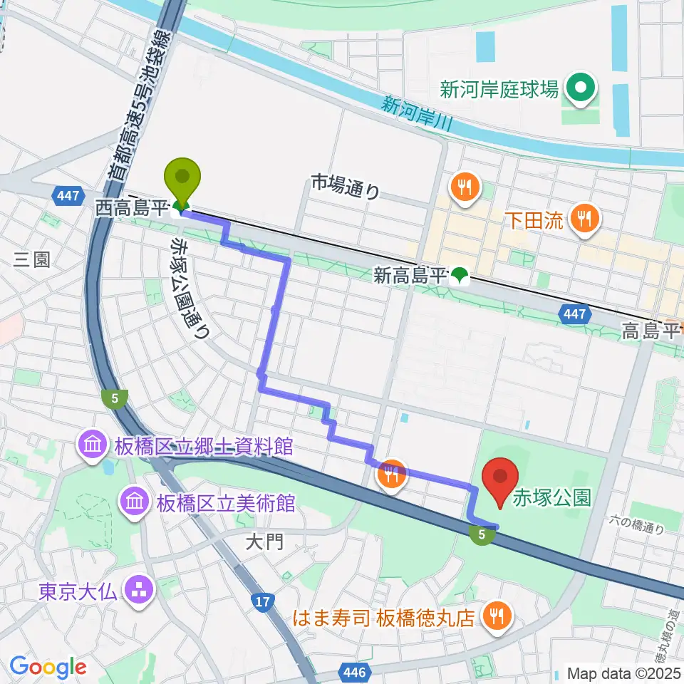 西高島平駅から赤塚公園競技場へのルートマップ地図