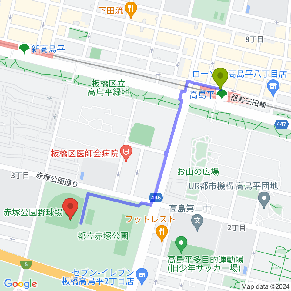 高島平駅から赤塚公園野球場へのルートマップ地図