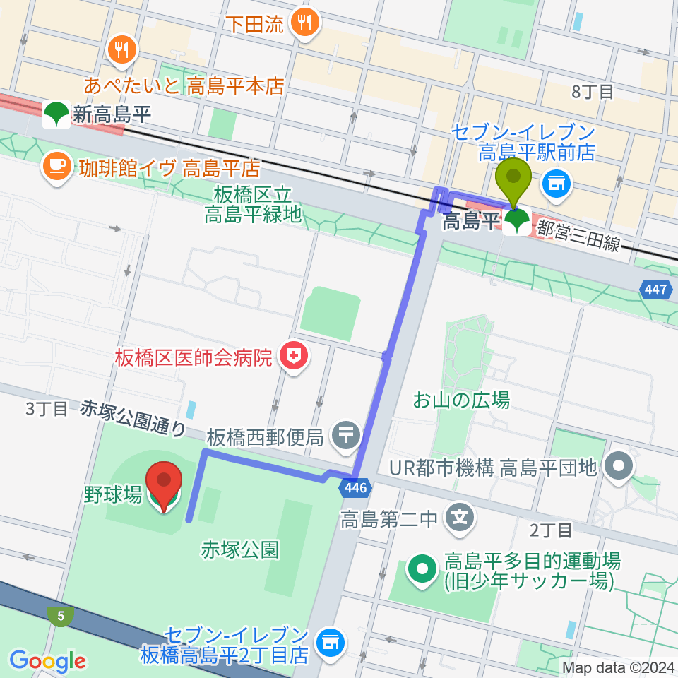 高島平駅から赤塚公園野球場へのルートマップ地図